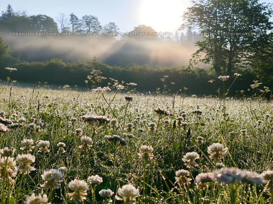 Morning light shines on a meadow full of flowers – stock pictures 9174x6866