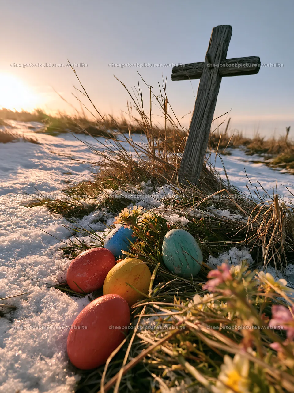 Weathered Christian cross with colored eggs in snowy meadow – stock pictures 6866x9174