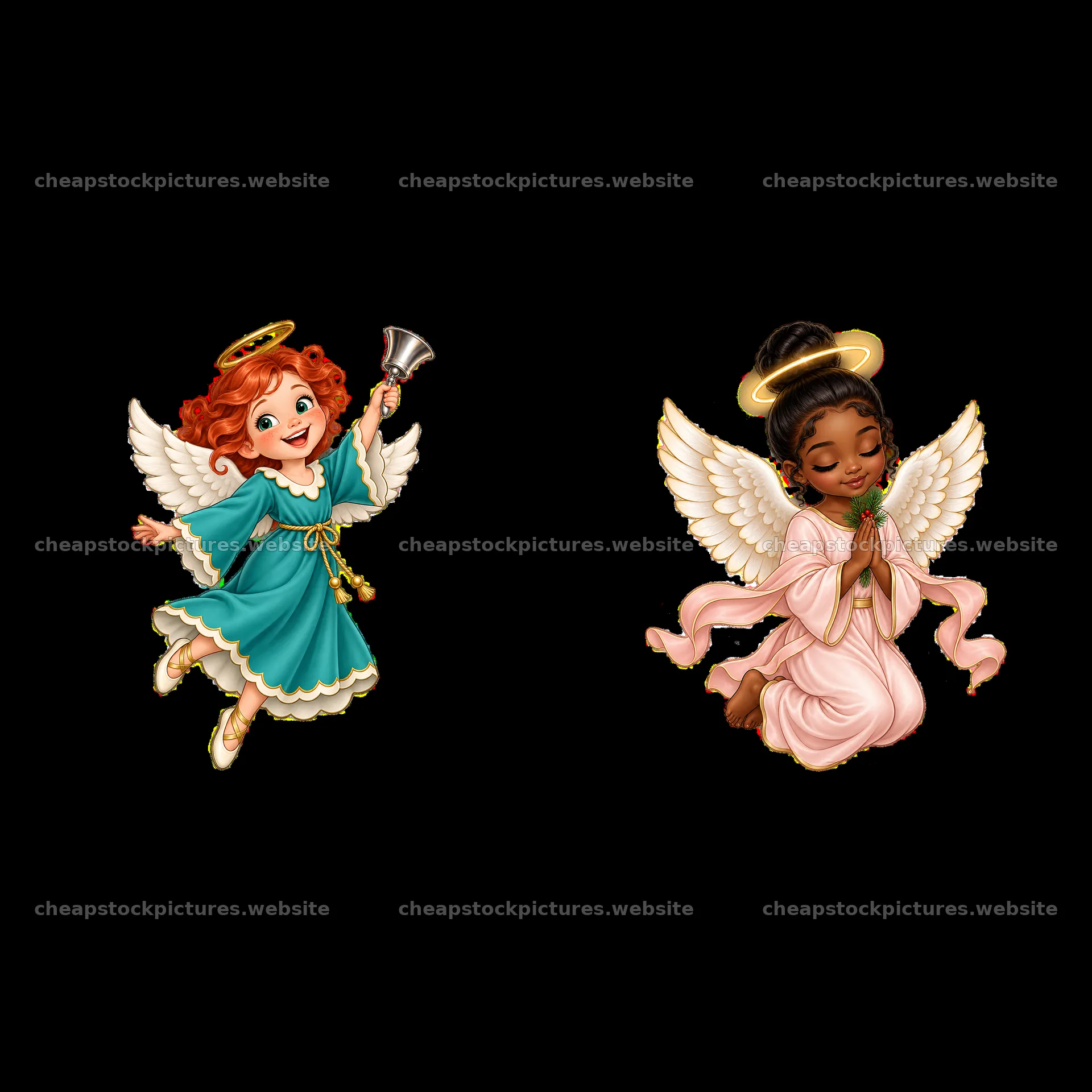 Cartoon Christmas angels with bell and prayer in festive colors – stock pictures 7746x7746