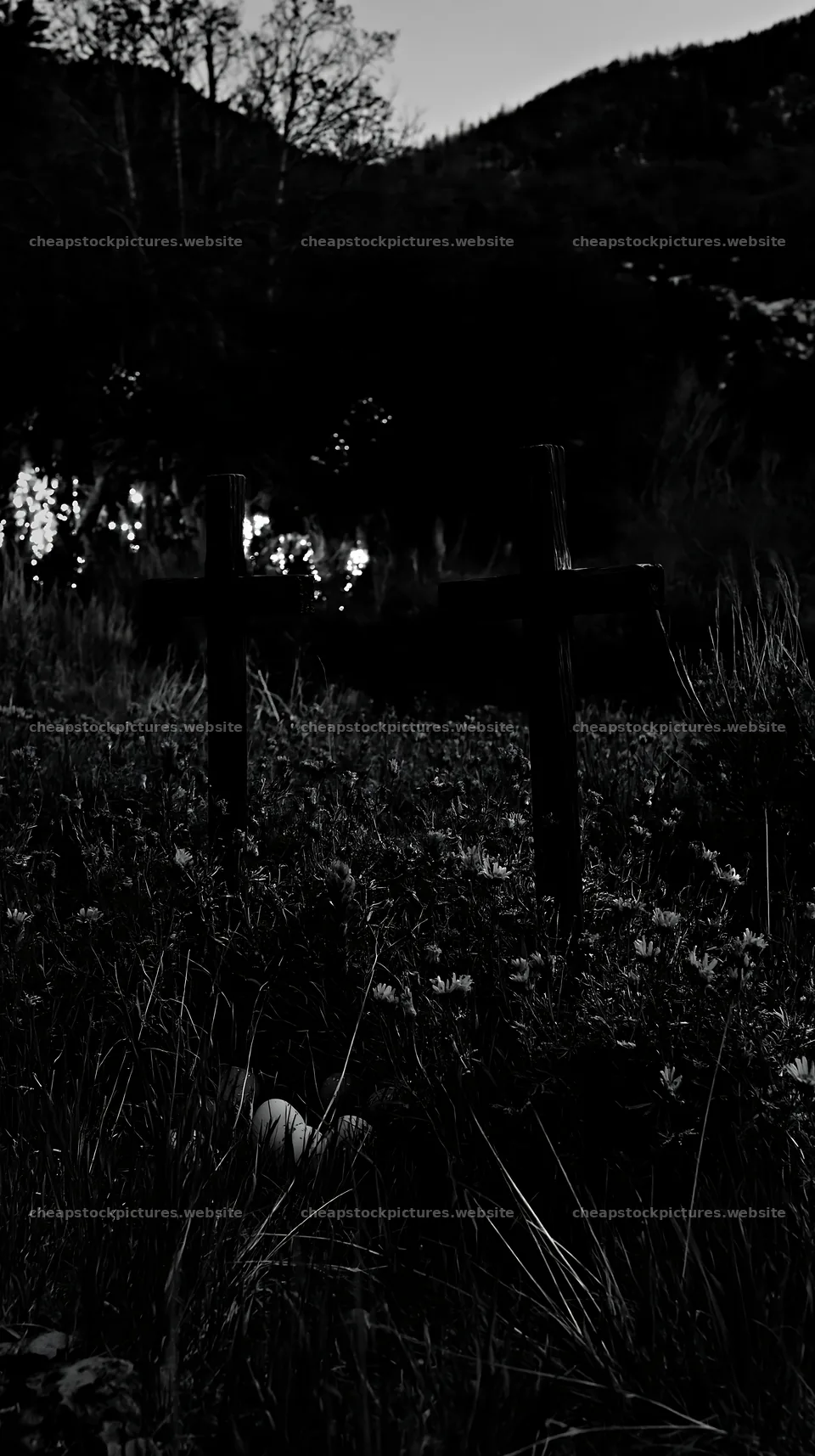 Christian crosses near thermal spring meadow at dusk – stock pictures 5938x10608