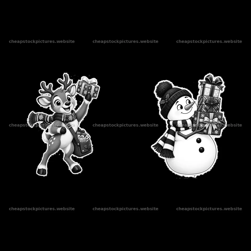 Reindeer and snowman holding Christmas presents in black and white – stock pictures 7746x7746