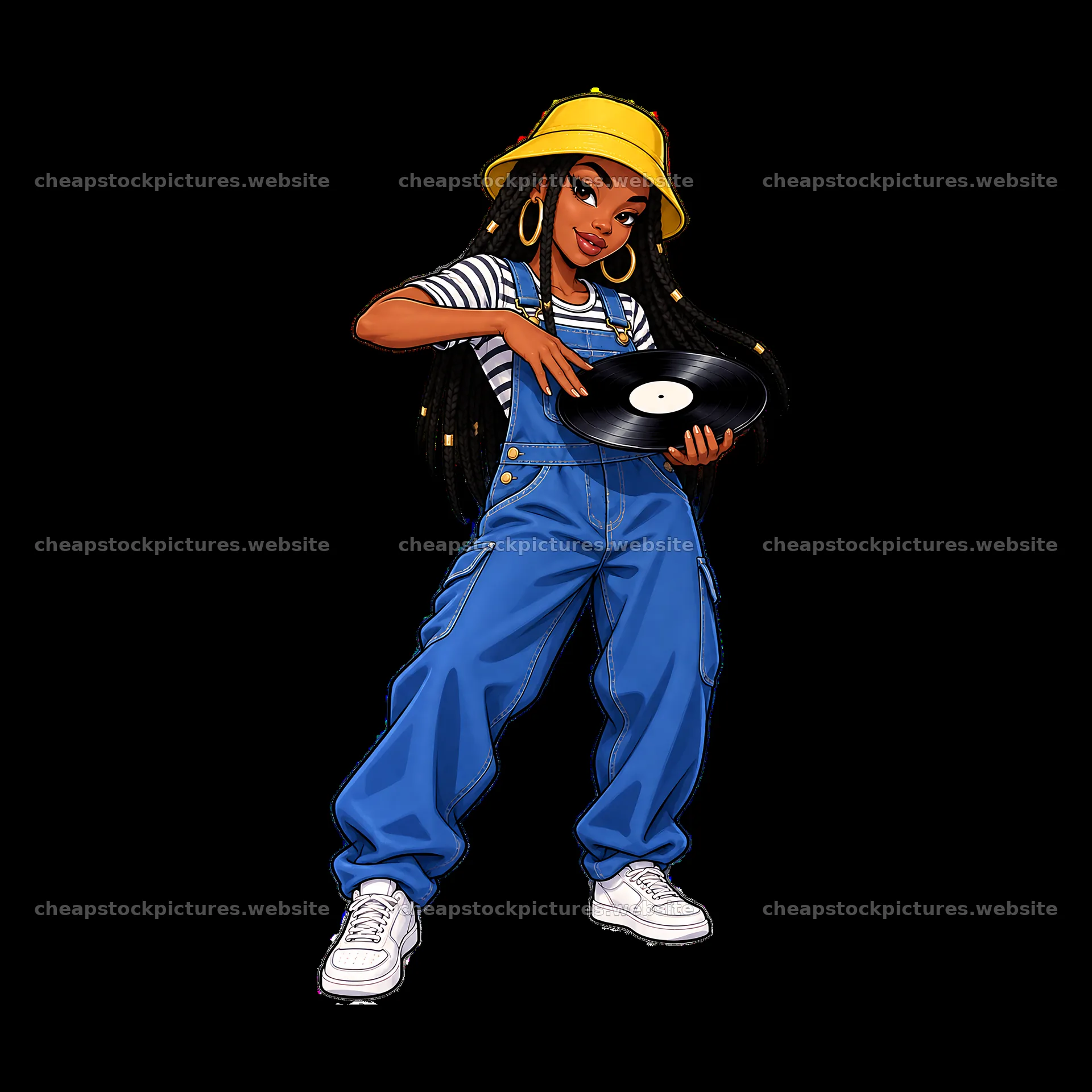 Hip-hop artist with vinyl record in blue overalls and yellow hat – stock pictures 7746x7746