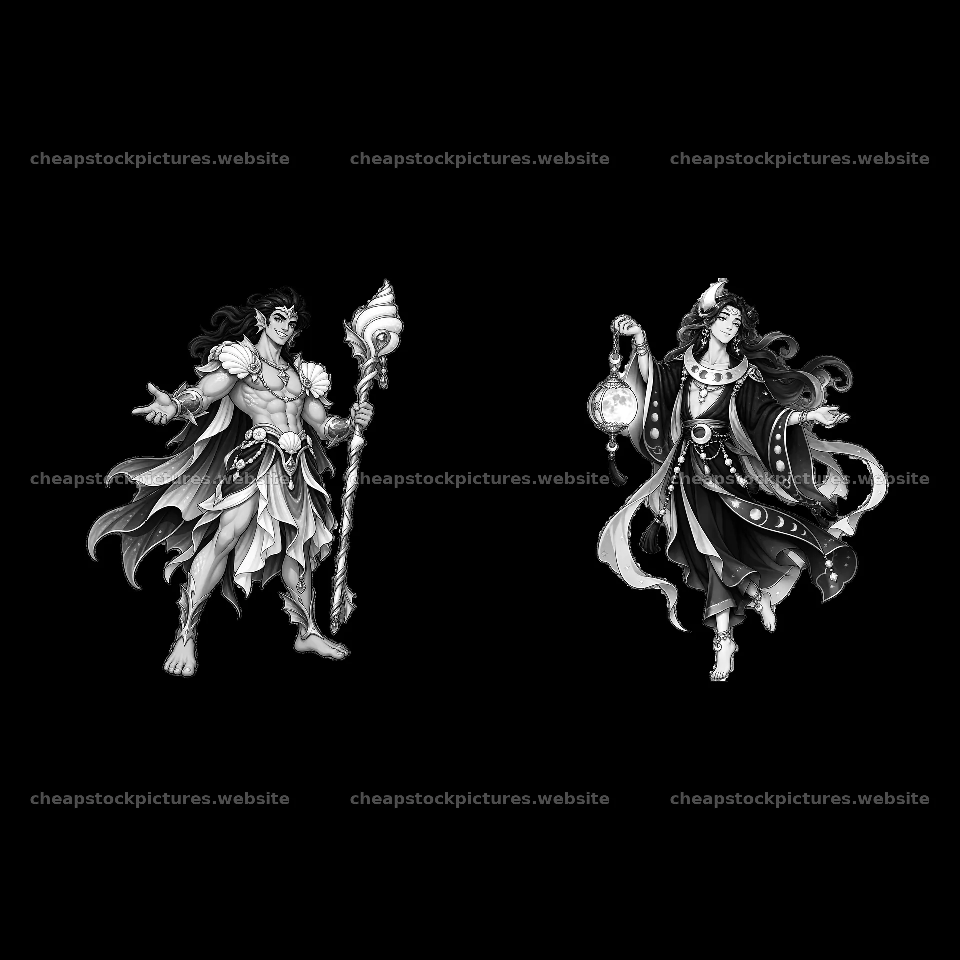 Pagan gods in black and white cartoon sticker illustration – stock pictures 7746x7746
