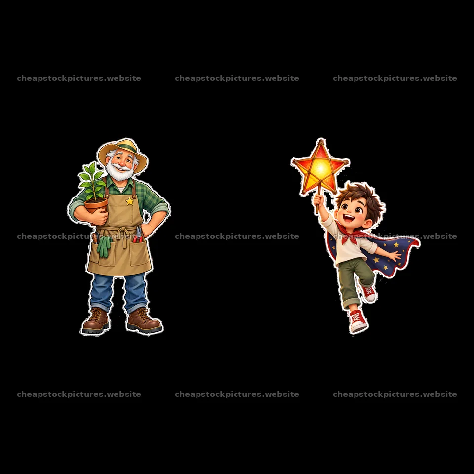 Gardener with plant and boy with star wand in playful scene – stock pictures 7746x7746