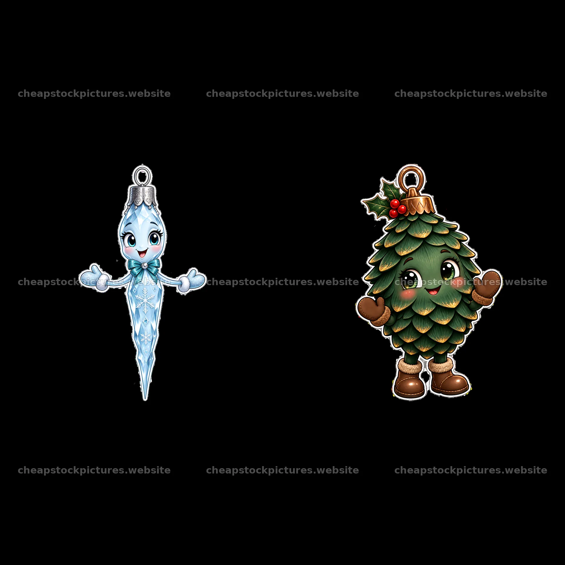 Cartoon Christmas ornaments featuring ice and pine tree designs – stock pictures 7746x7746