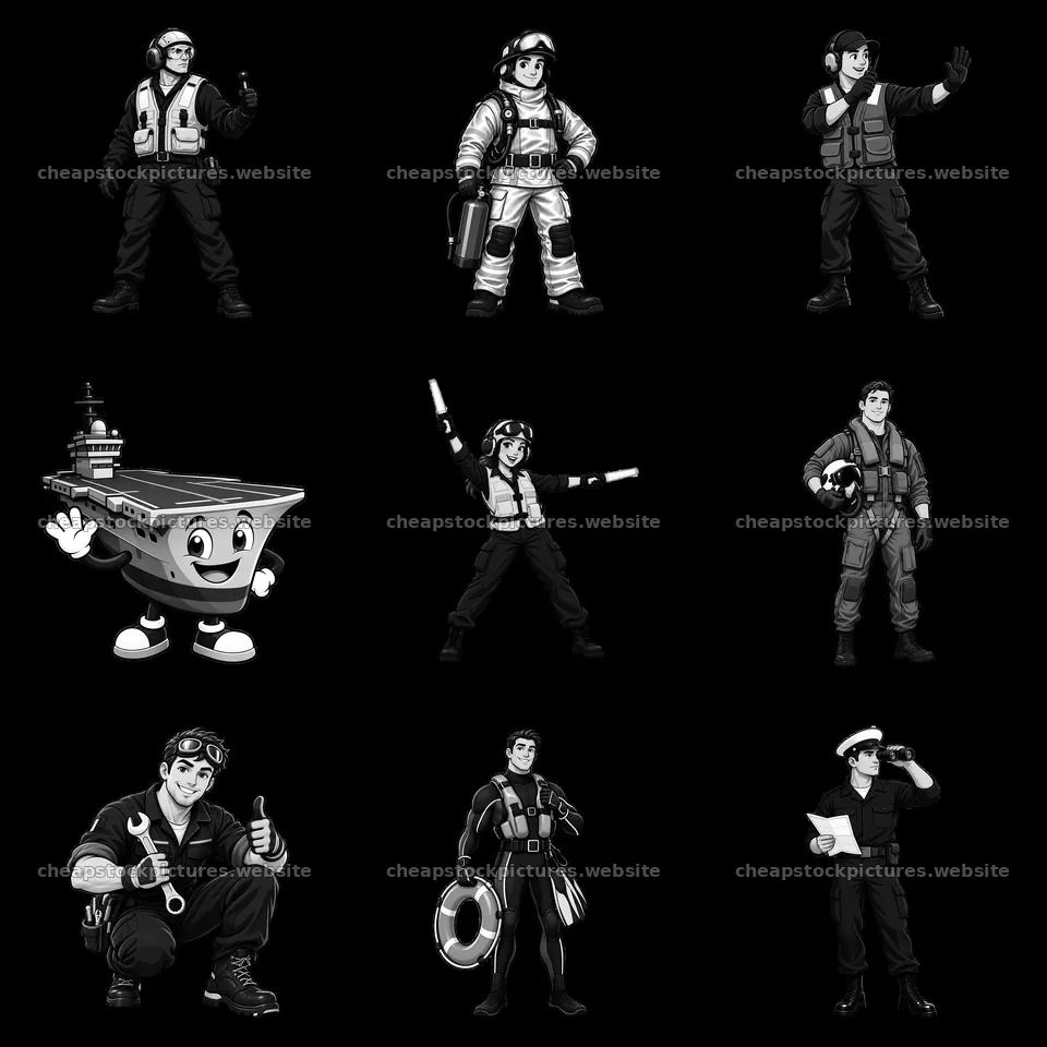 Cartoon stickers of aircraft carrier crew and activities – stock pictures 7746x7746