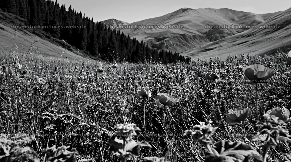 Poppy larkspur meadow under the sun with mountains in background – stock pictures 10608x5938