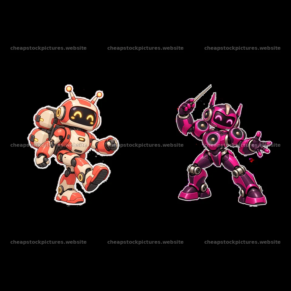 Colorful mech robots dancing and holding tools together – stock pictures 7746x7746
