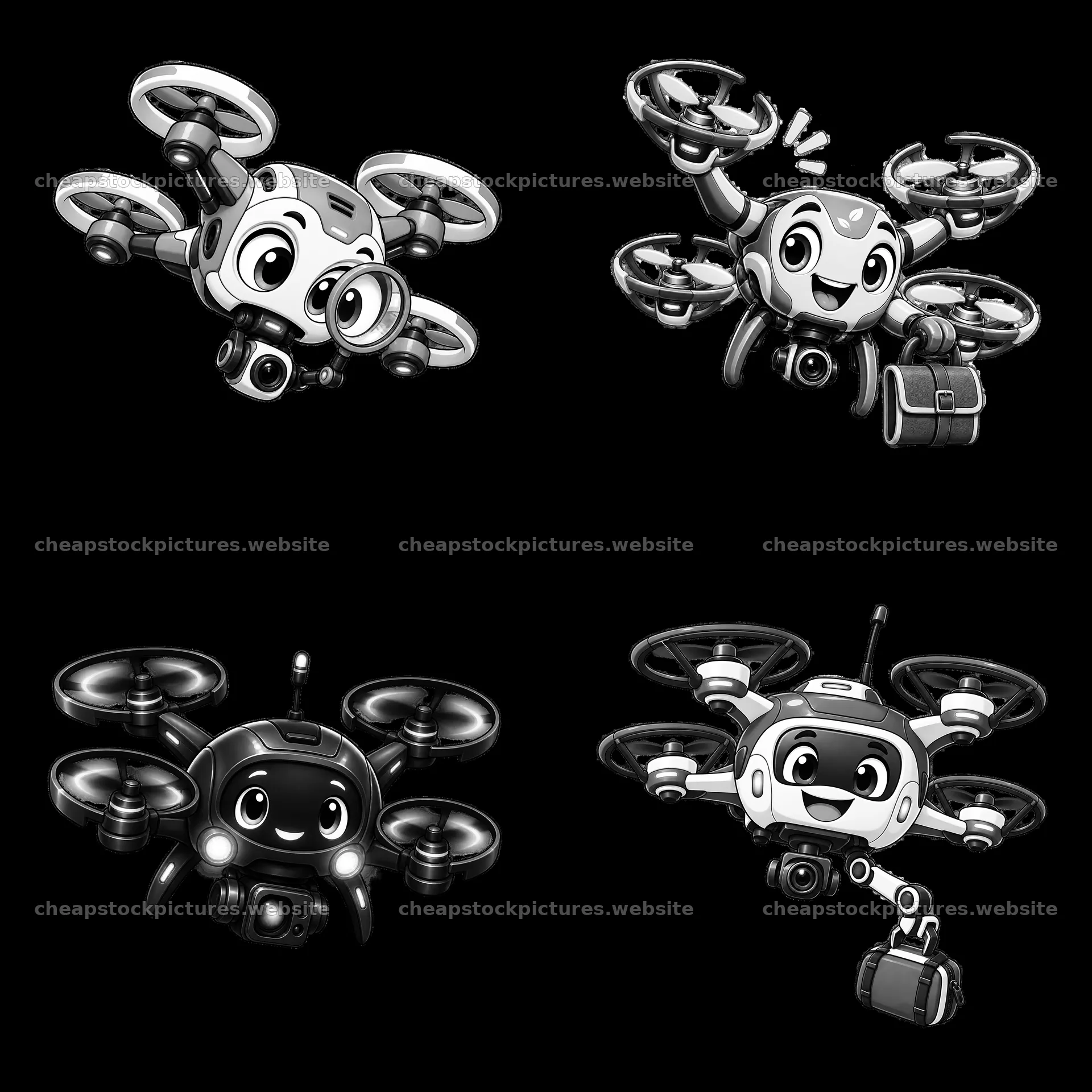 Cartoon drones in four fun poses with gear and smiles – stock pictures 7746x7746