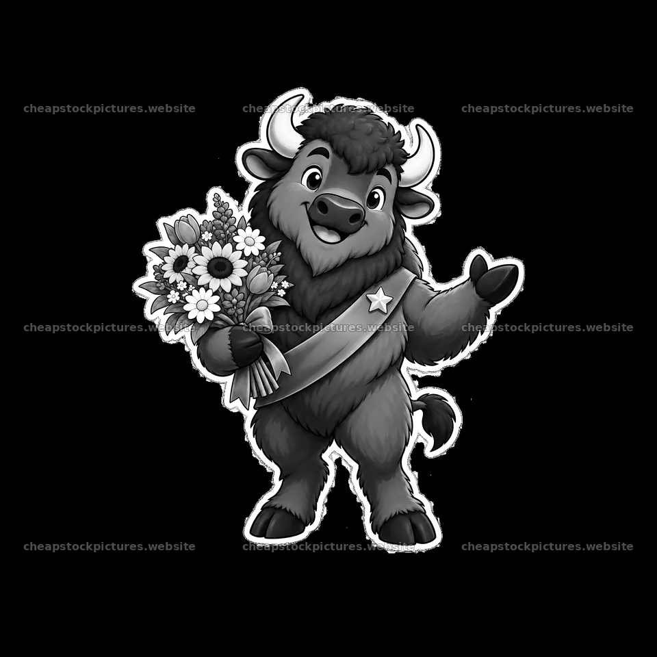 Buffalo character holding flowers with a sash and a welcoming – stock pictures 7746x7746