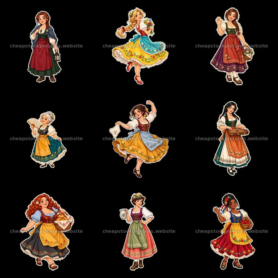 Women in traditional folk dresses performing various activities – stock pictures 7746x7746