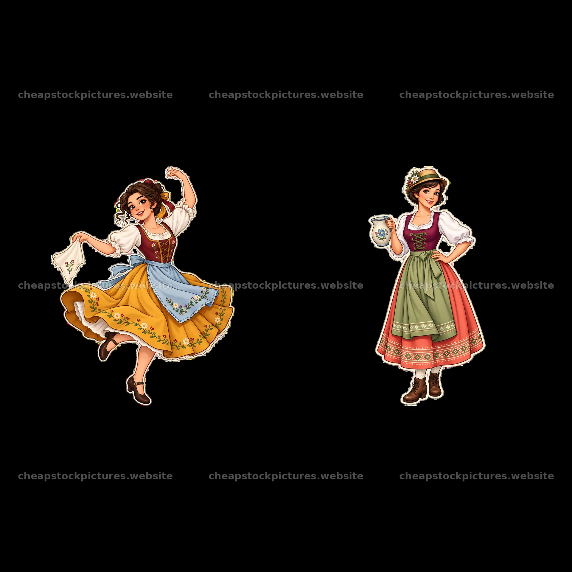 Women in traditional folk dress, dancing and holding mugs – stock pictures 7746x7746