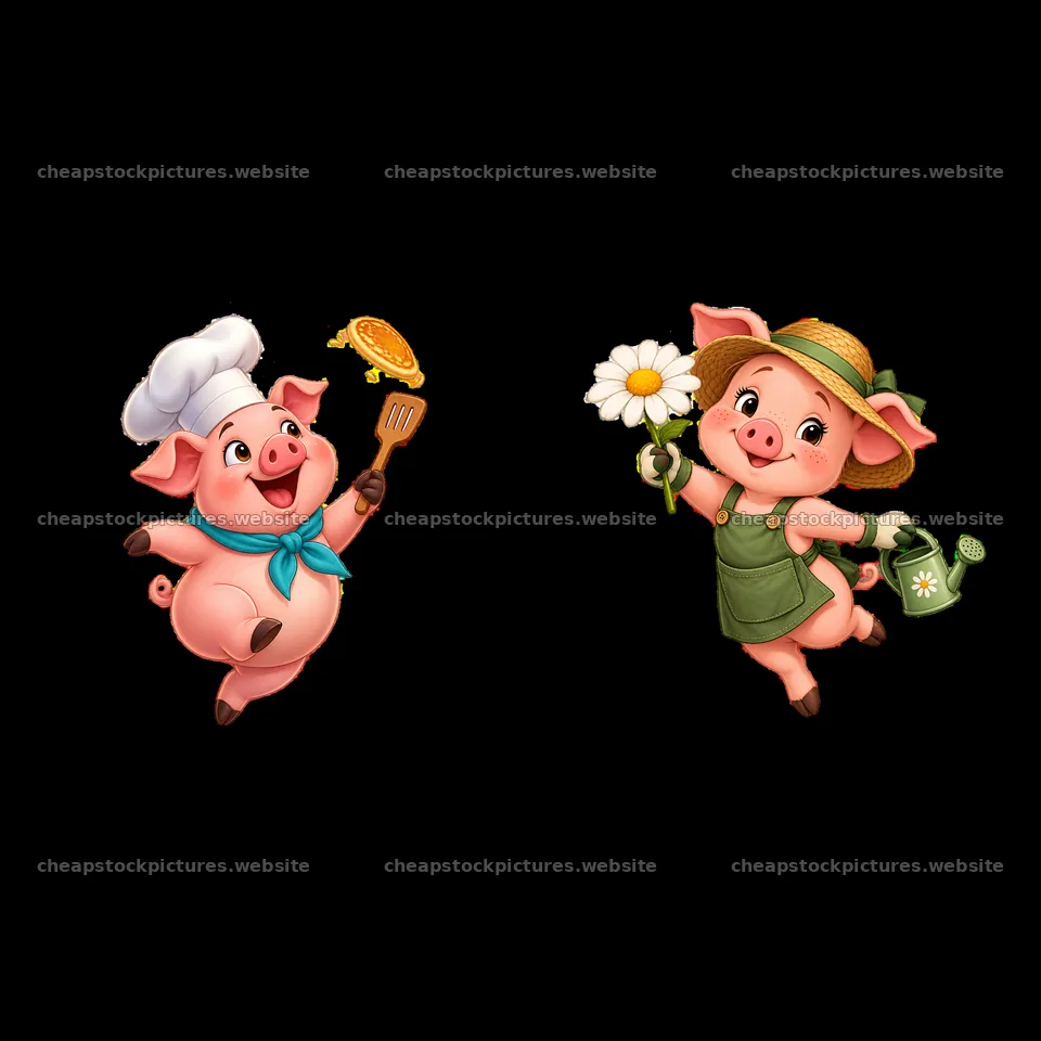 Cheerful pigs cooking pancakes and gardening with flowers – stock pictures 7746x7746