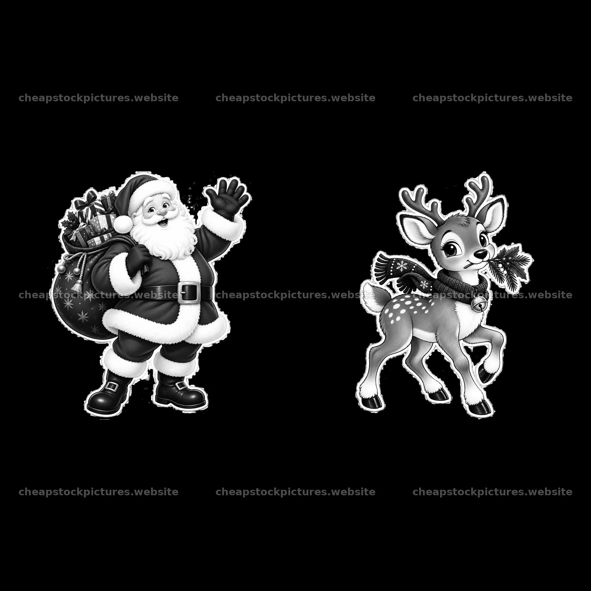 Santa Claus waves with reindeer carrying a tree branch – stock pictures 7746x7746