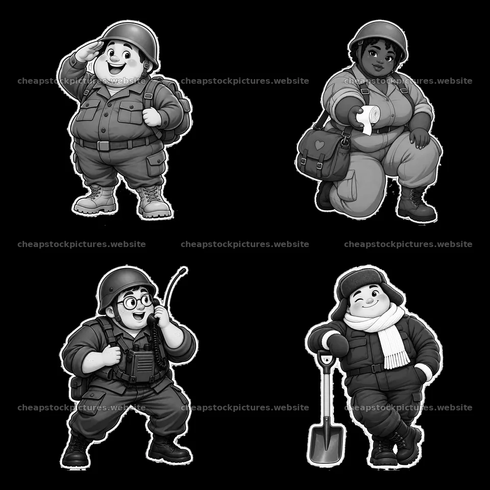 Chubby soldiers in cartoon style with accessories and activities – stock pictures 7746x7746