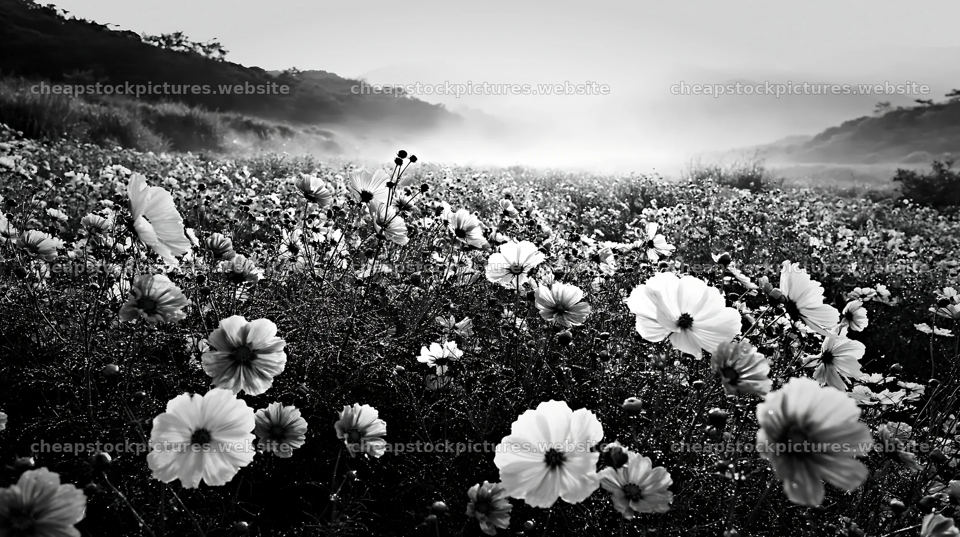 Colorful cosmos meadow in black and white scenery – stock pictures 10608x5938