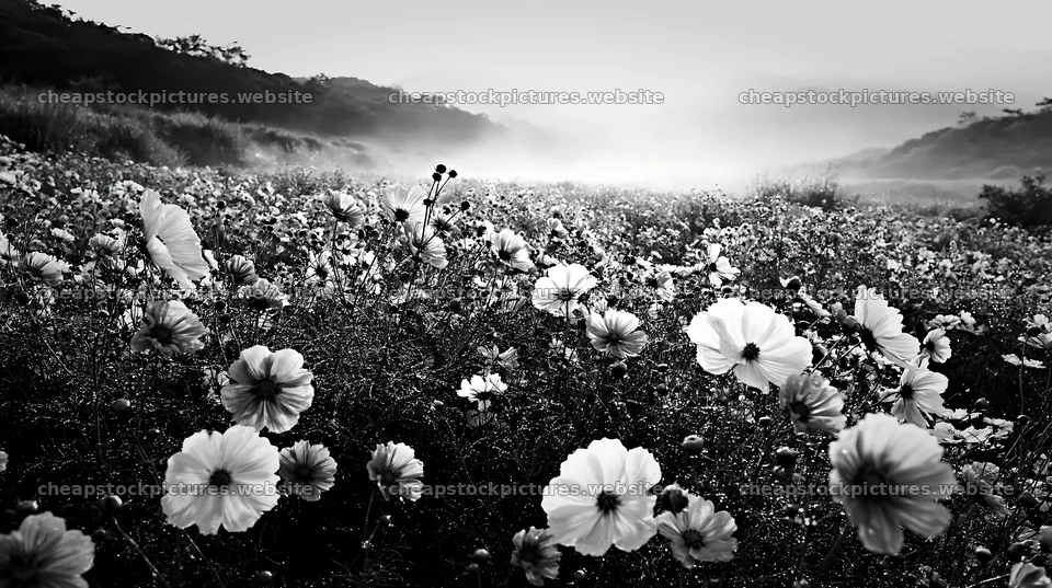 Colorful cosmos meadow in black and white scenery – stock pictures 10608x5938
