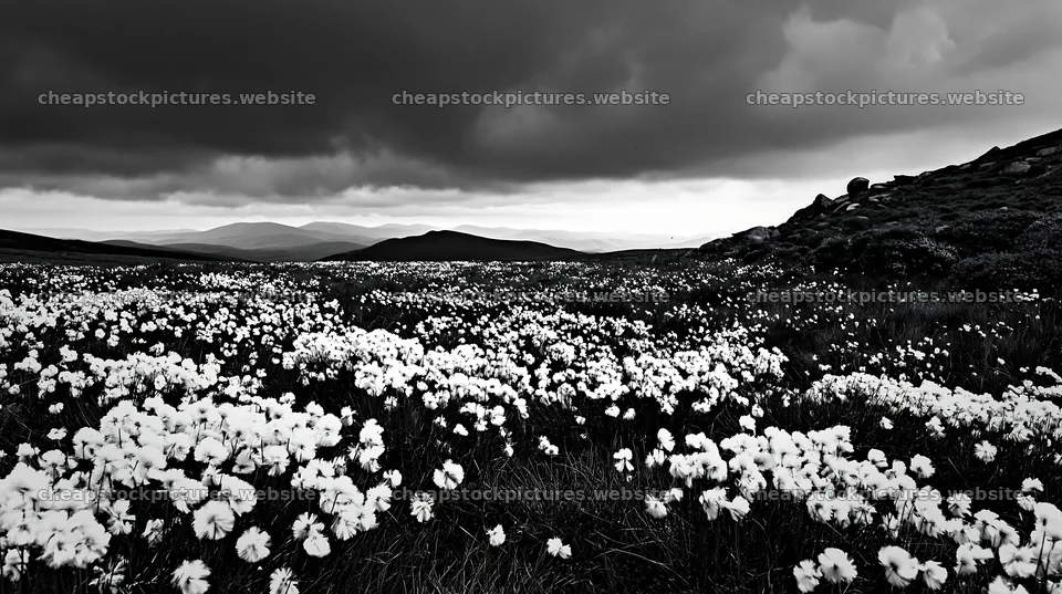 Cottongrass meadow glow under dark clouds – stock pictures 10608x5938