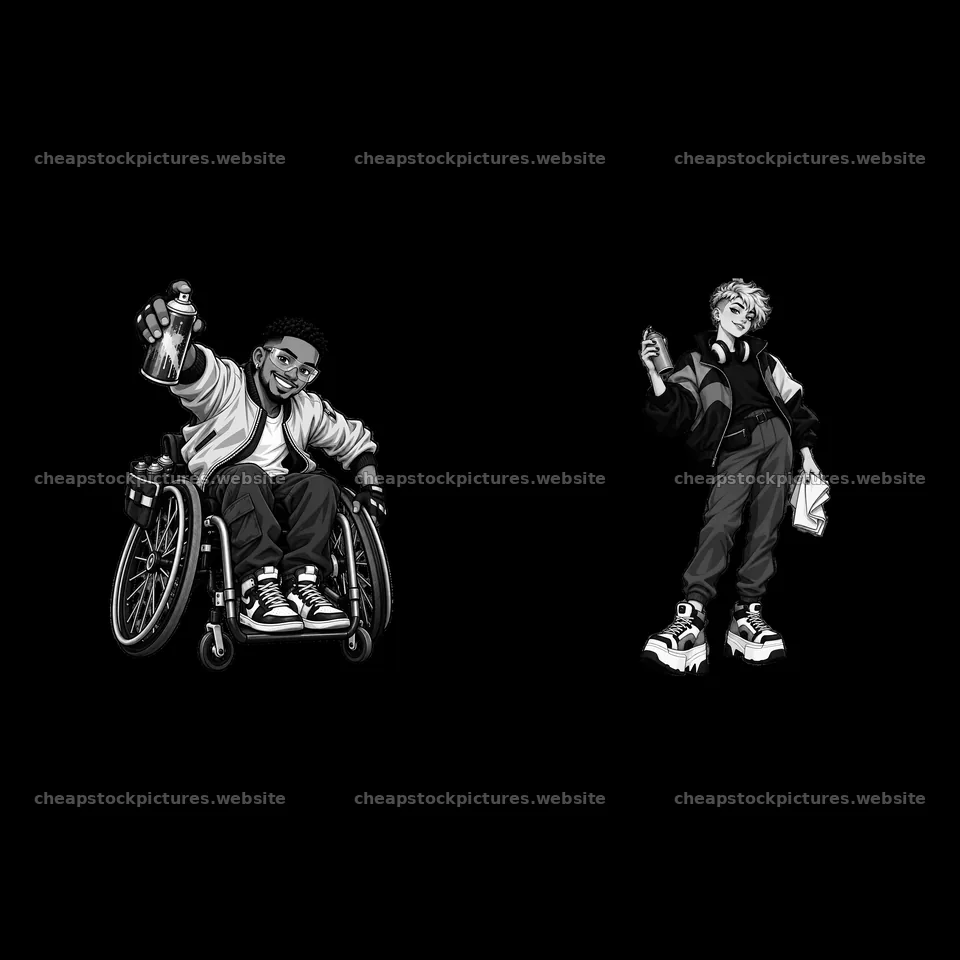 Graffiti artist in wheelchair with friend holding spray paint – stock pictures 7746x7746