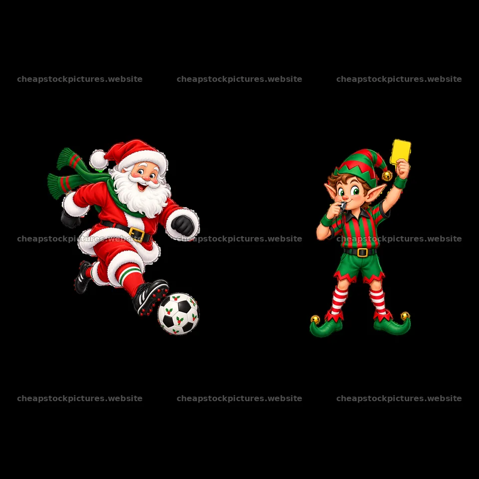 Santa Claus kicking a soccer ball with an elf holding a yellow card – stock pictures 7746x7746