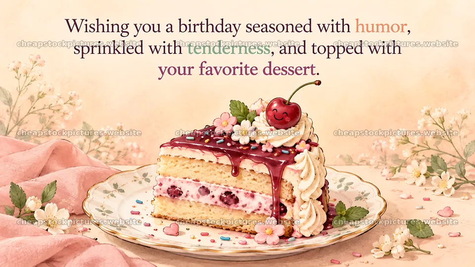 Birthday Greeting with Berry Cake and Cherry – stock pictures 10324x5812