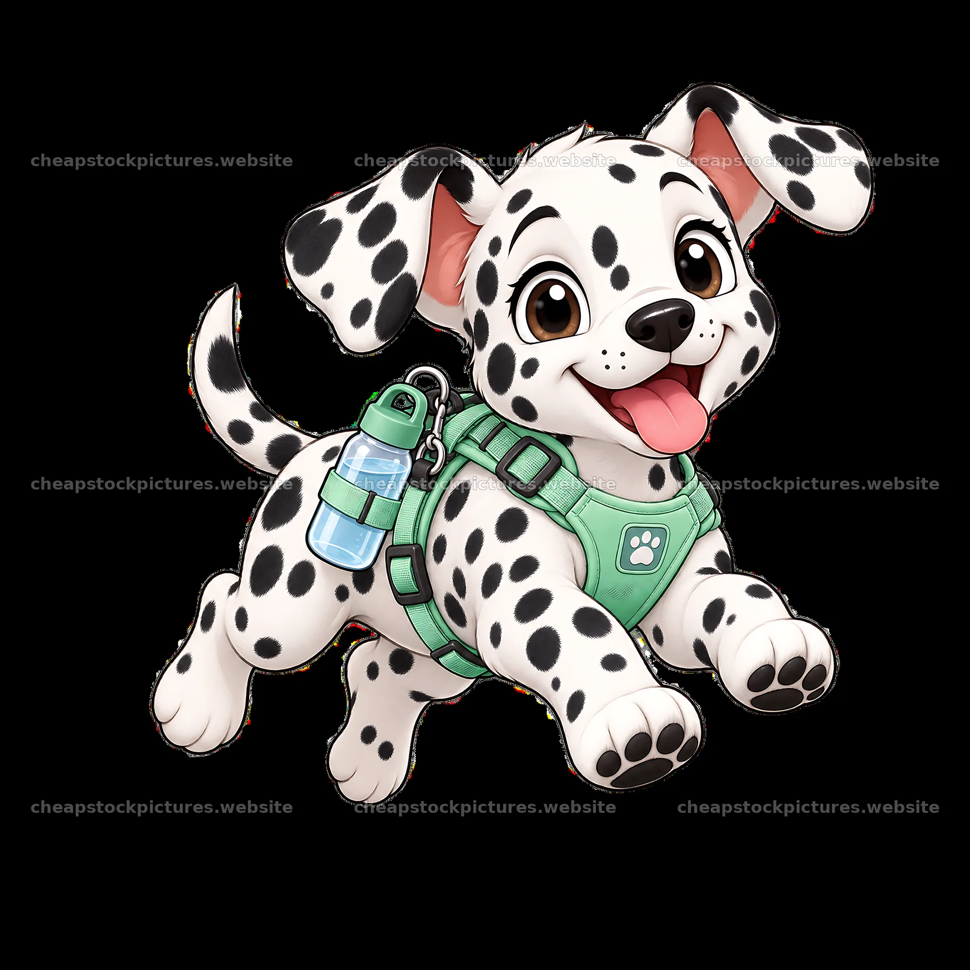 Dalmatian puppy running with water bottle harness in front view – stock pictures 7746x7746