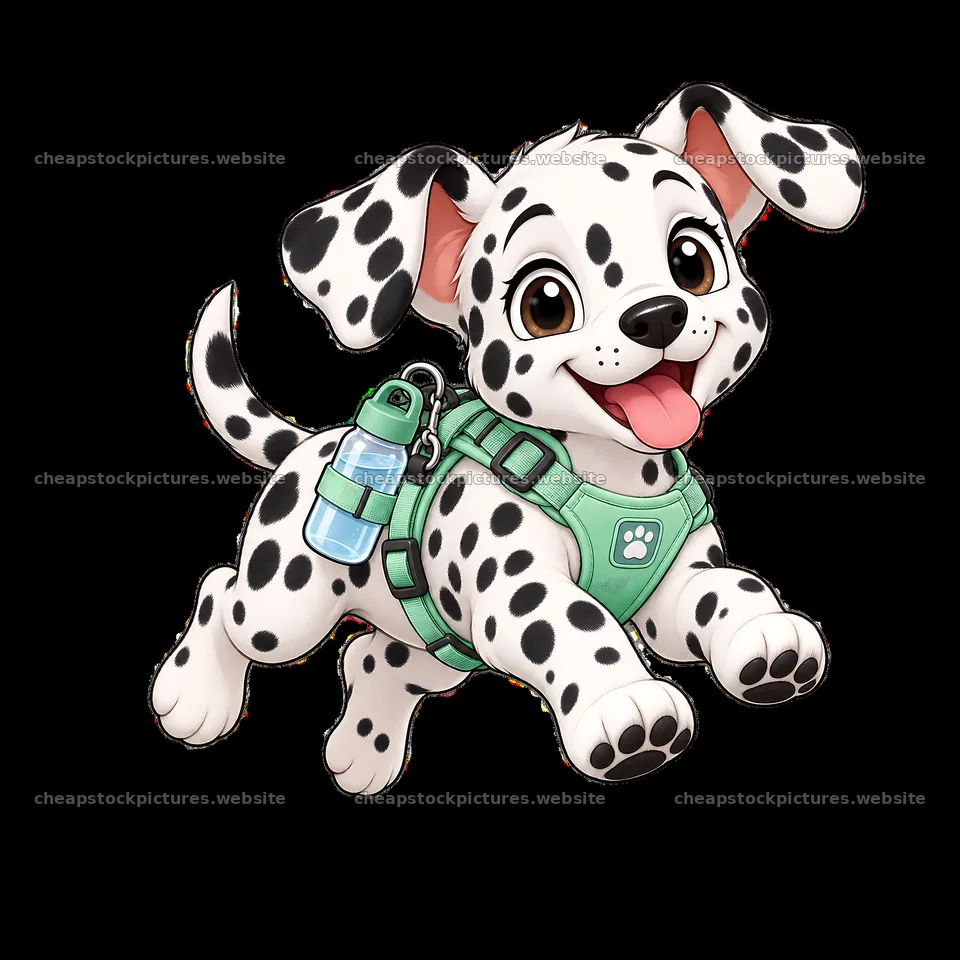 Dalmatian puppy running with water bottle harness in front view – stock pictures 7746x7746