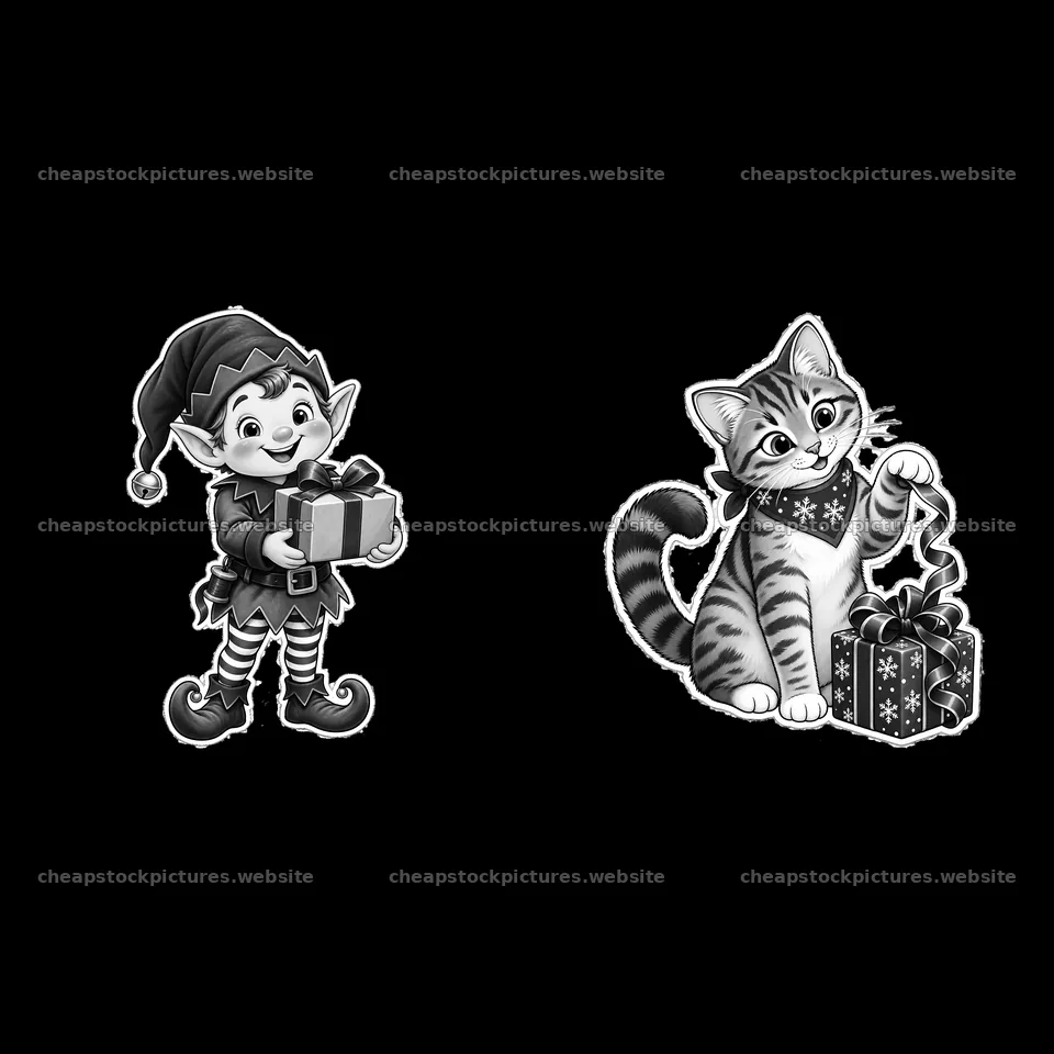 Elf and cat holding gifts for Christmas celebration – stock pictures 7746x7746
