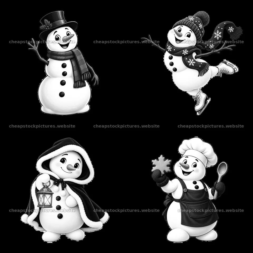 Snowman characters engaging in winter activities in monochrome – stock pictures 7746x7746
