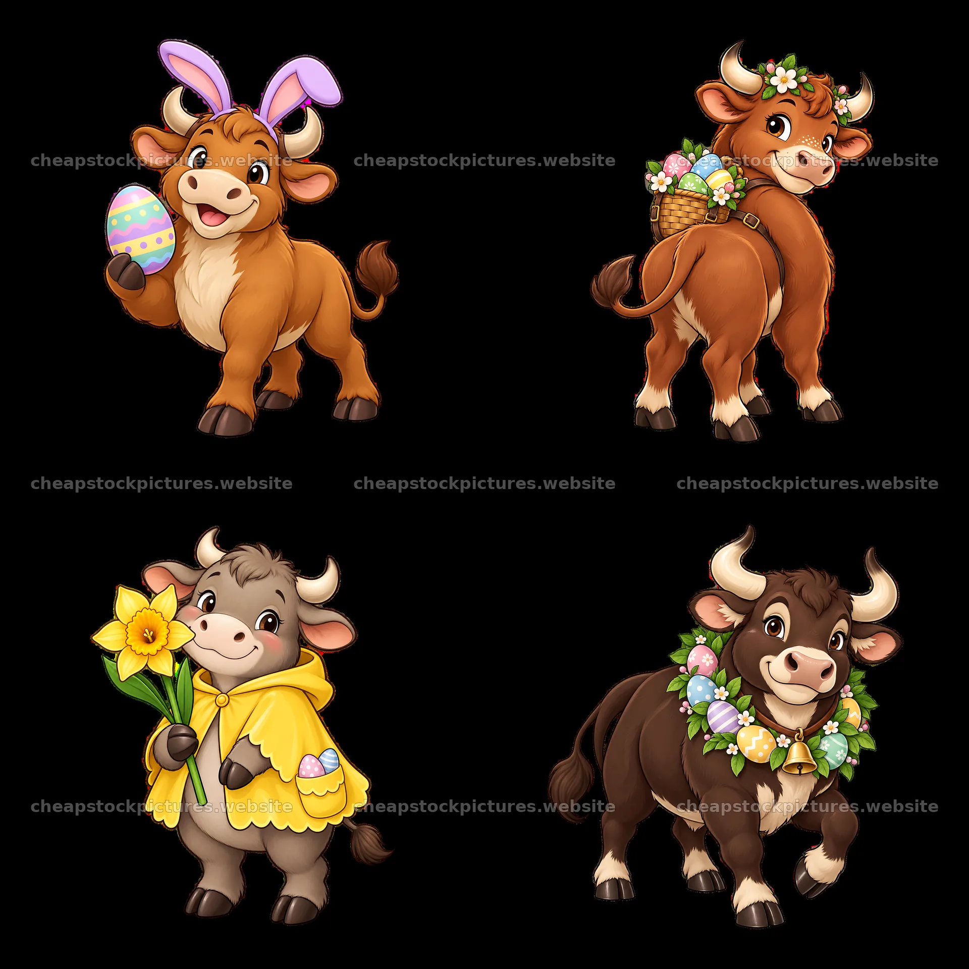 Easter ox characters with flowers and eggs in a playful design – stock pictures 7746x7746
