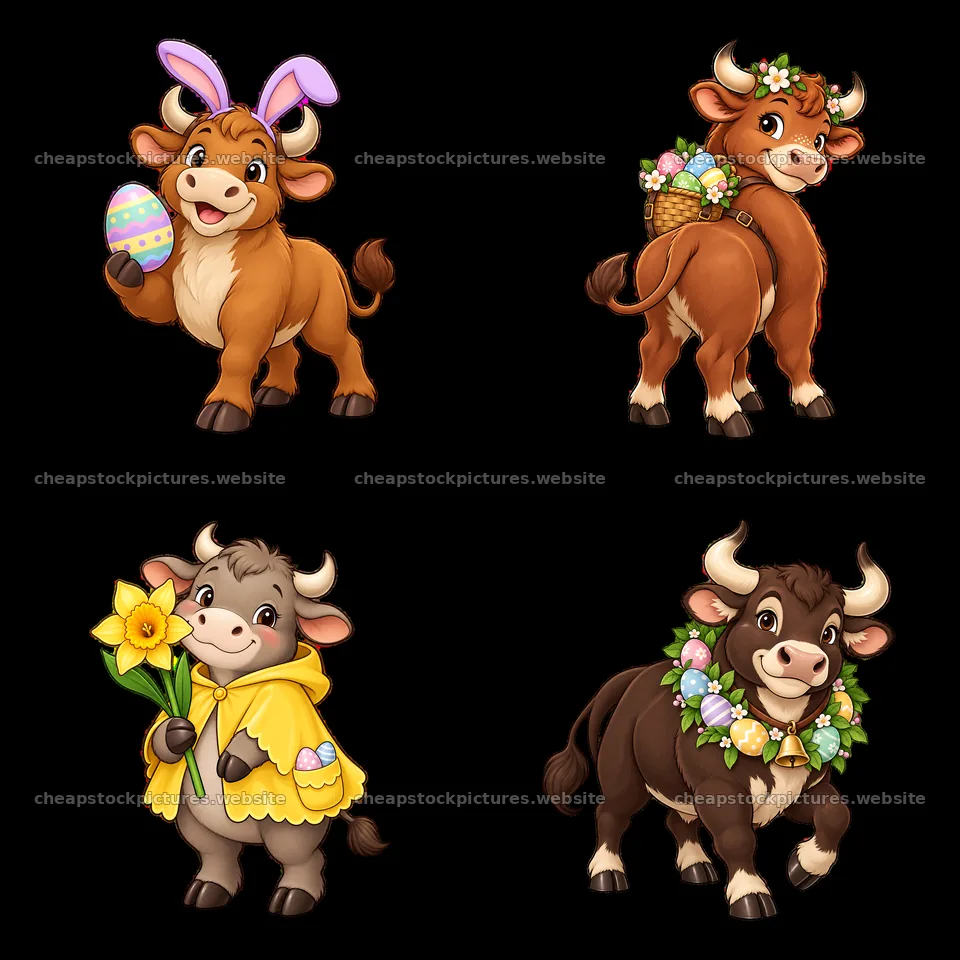 Easter ox characters with flowers and eggs in a playful design – stock pictures 7746x7746
