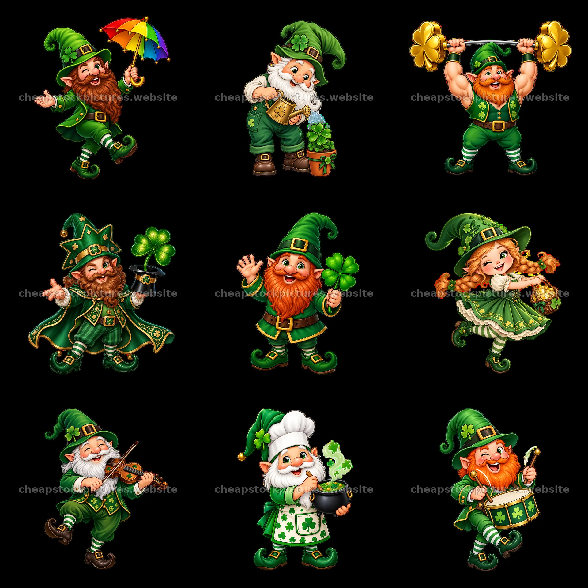 Gnome characters celebrating St. Patrick's Day in green outfits – stock pictures 7746x7746