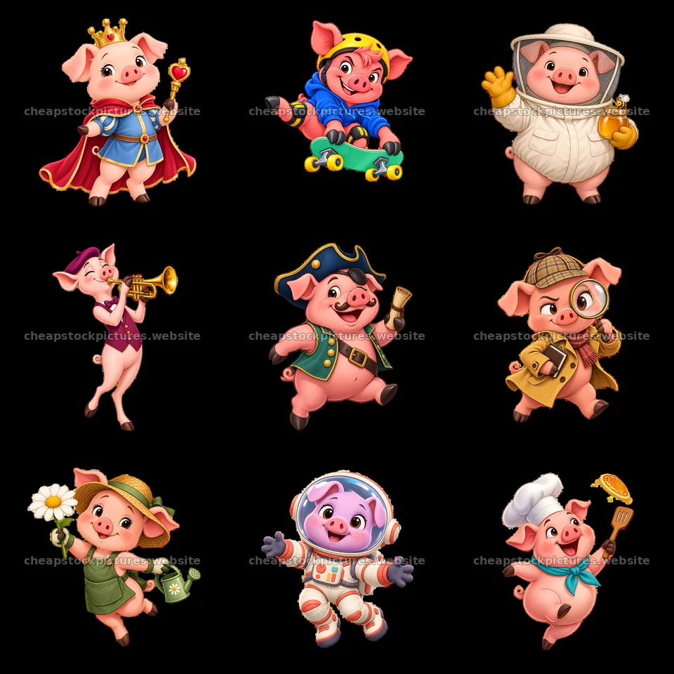 Funny cartoon pigs in different costumes and activities – stock pictures 7746x7746