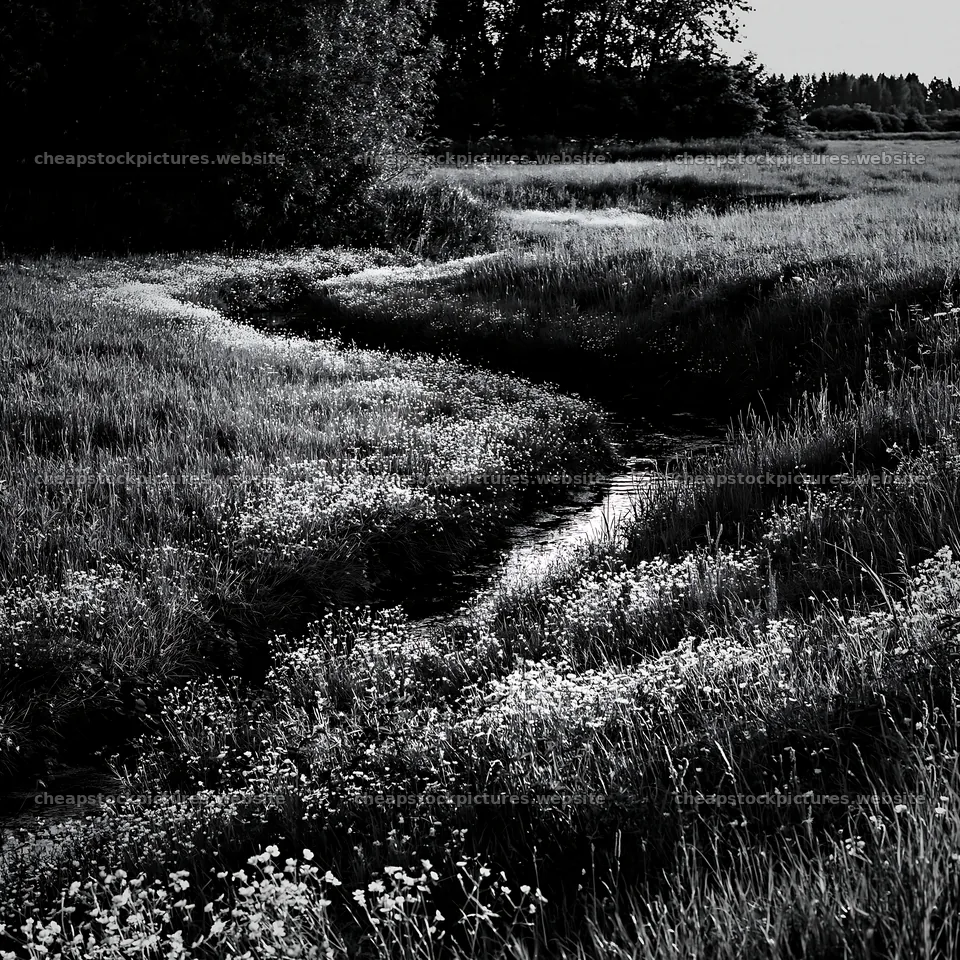 High contrast meadow with natural watercourse on sunny day – stock pictures 7938x7938