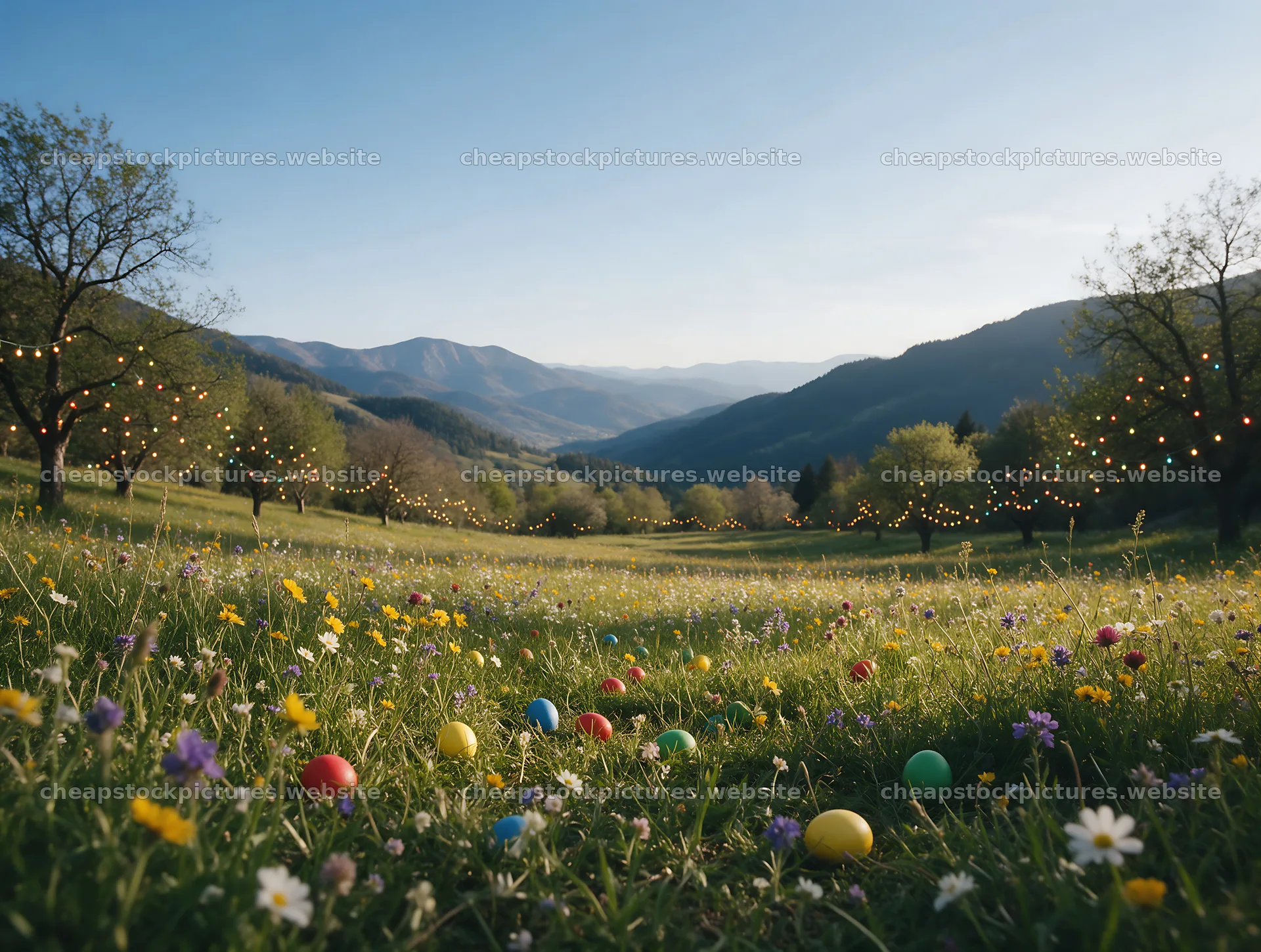 Warm Christmas lights across mountain valley meadow – stock pictures 9134x6898