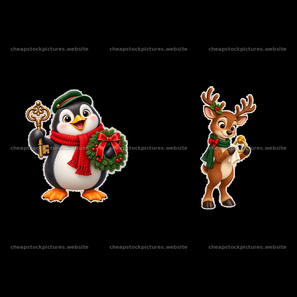 Penguin holding wreath and reindeer with list for Christmas – stock pictures 7746x7746