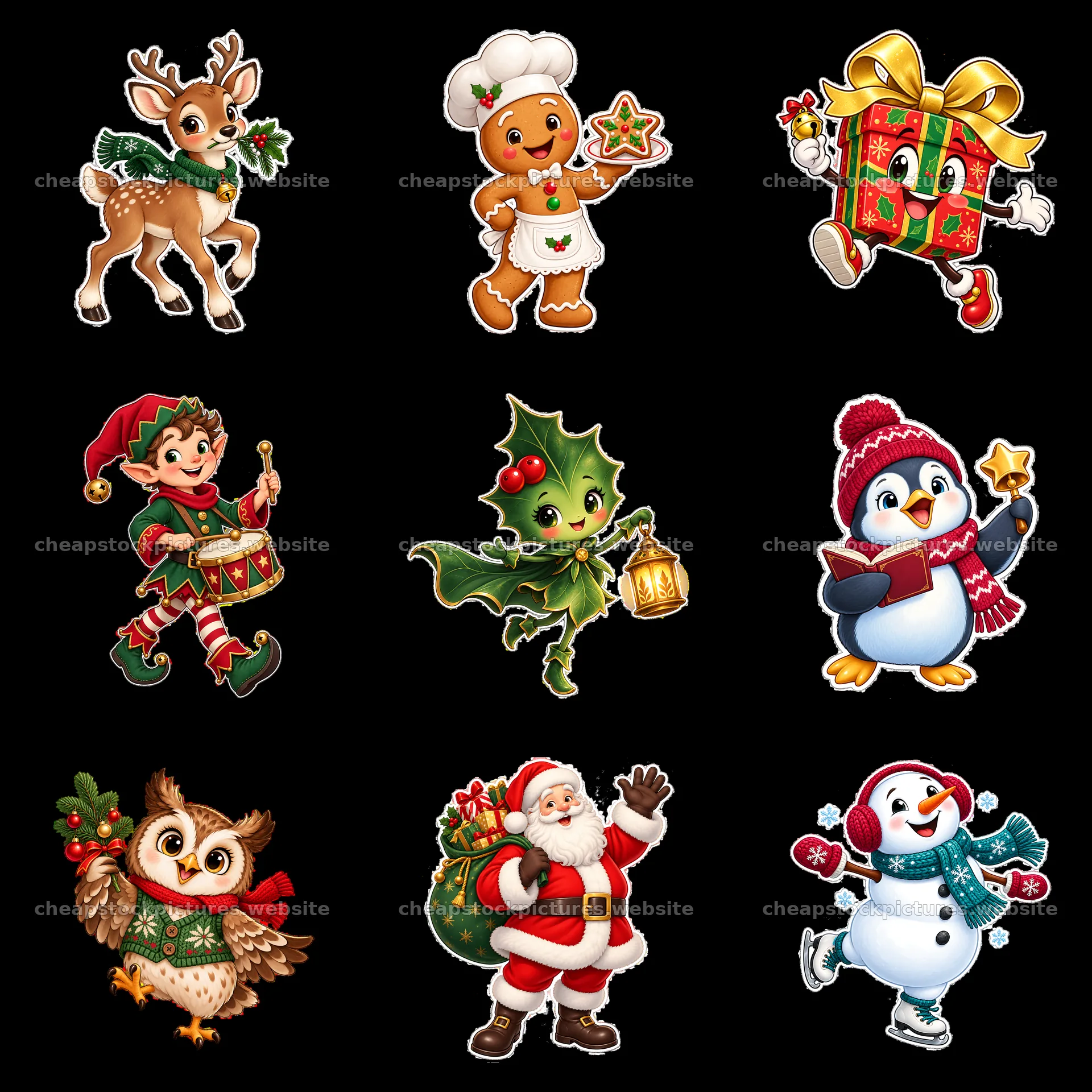 Christmas cartoon sticker collection with festive characters – stock pictures 7746x7746