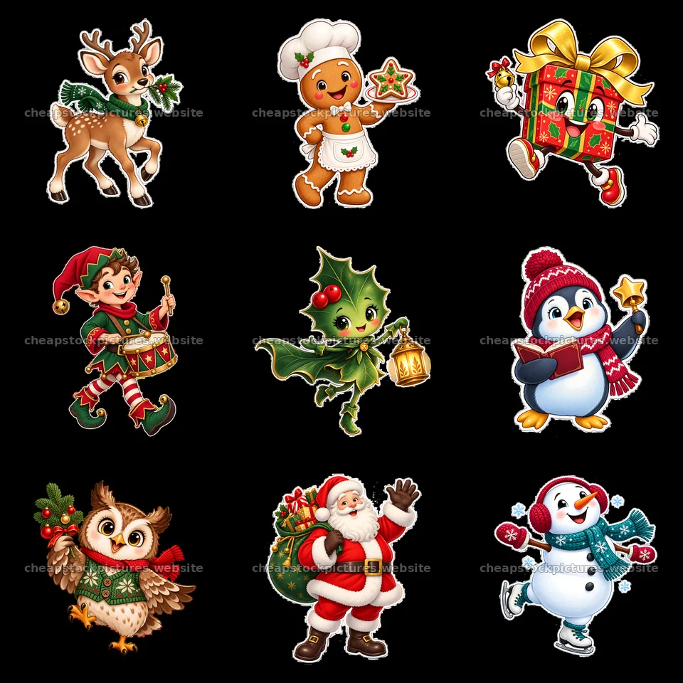 Christmas cartoon sticker collection with festive characters – stock pictures 7746x7746
