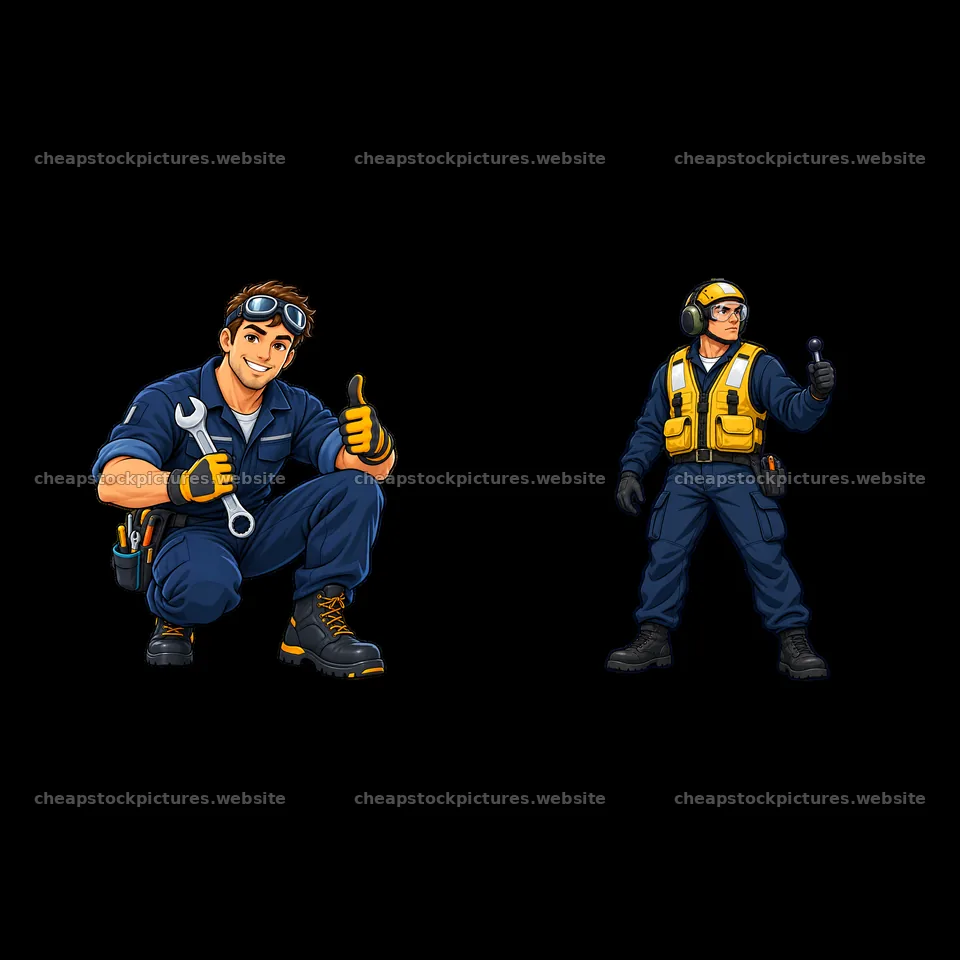 Cartoon aircraft carrier crew members with tools and signals – stock pictures 7746x7746