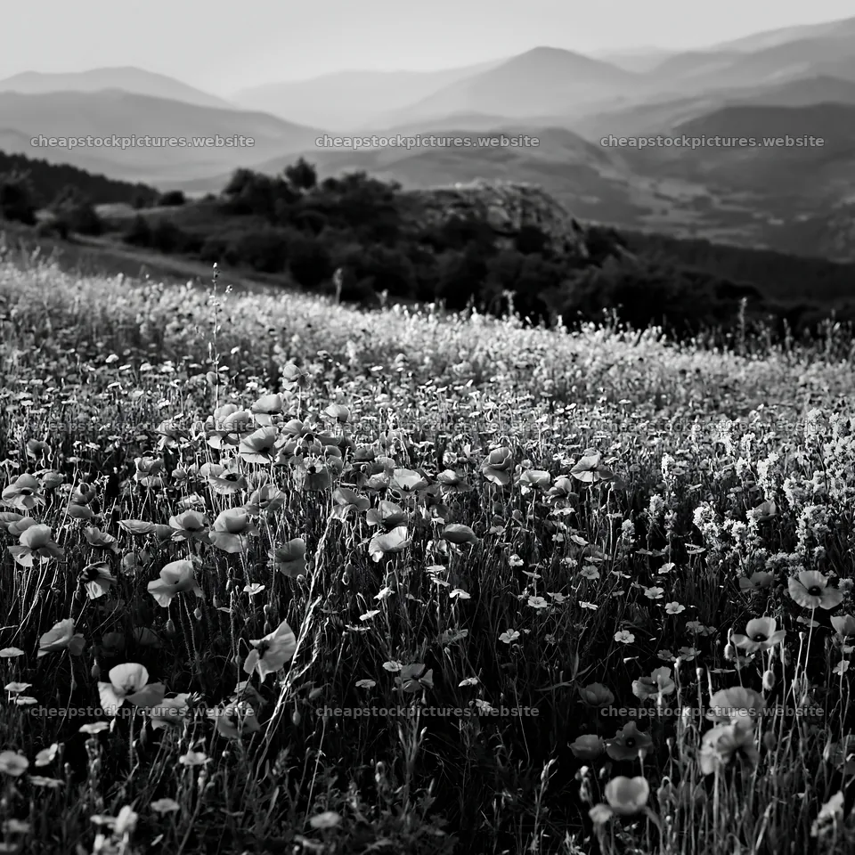 Poppy flax meadow in black and white landscape view – stock pictures 7938x7938