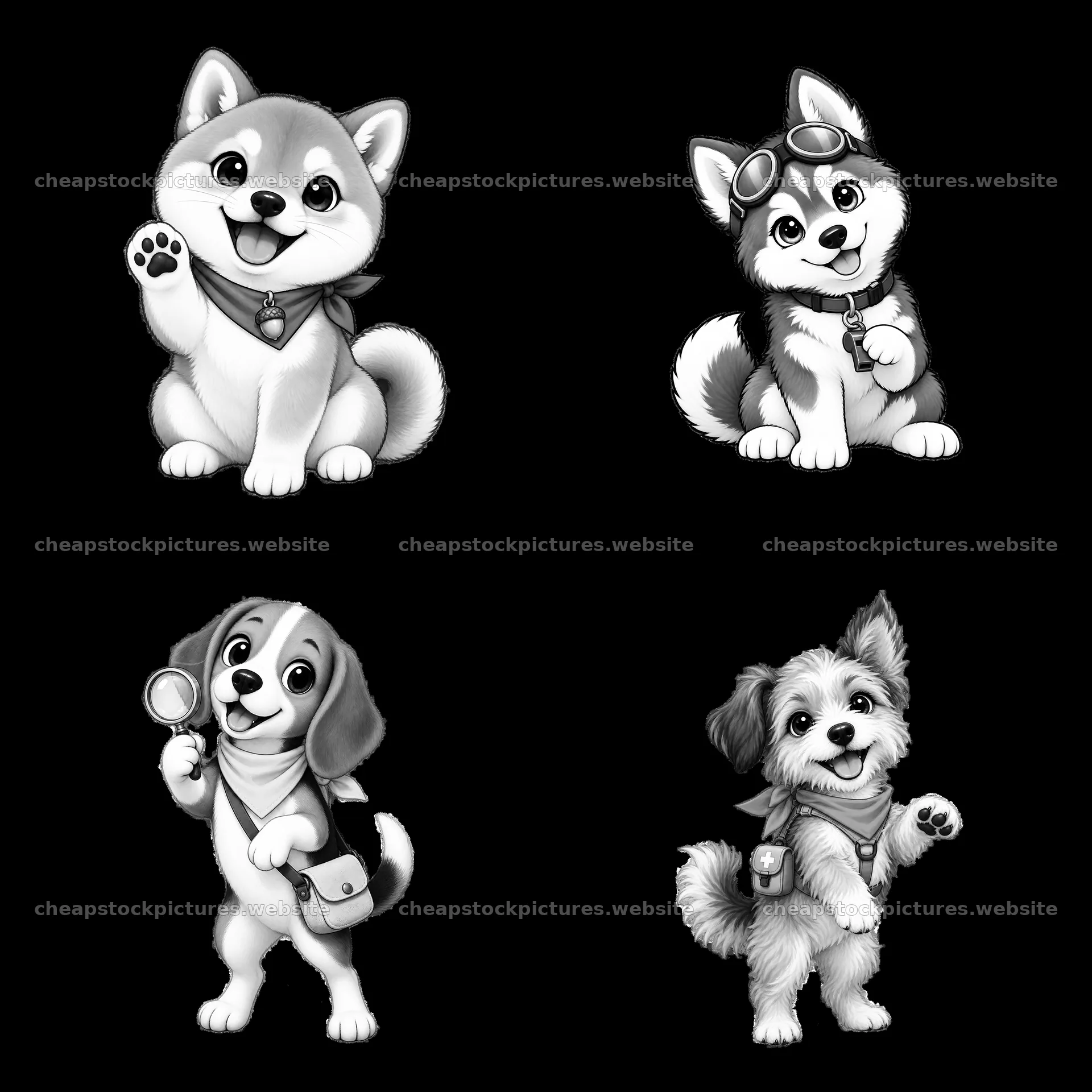 Cute cartoon K-9 dogs in a 2x2 monochrome layout – stock pictures 7746x7746