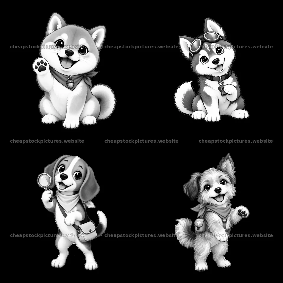 Cute cartoon K-9 dogs in a 2x2 monochrome layout – stock pictures 7746x7746