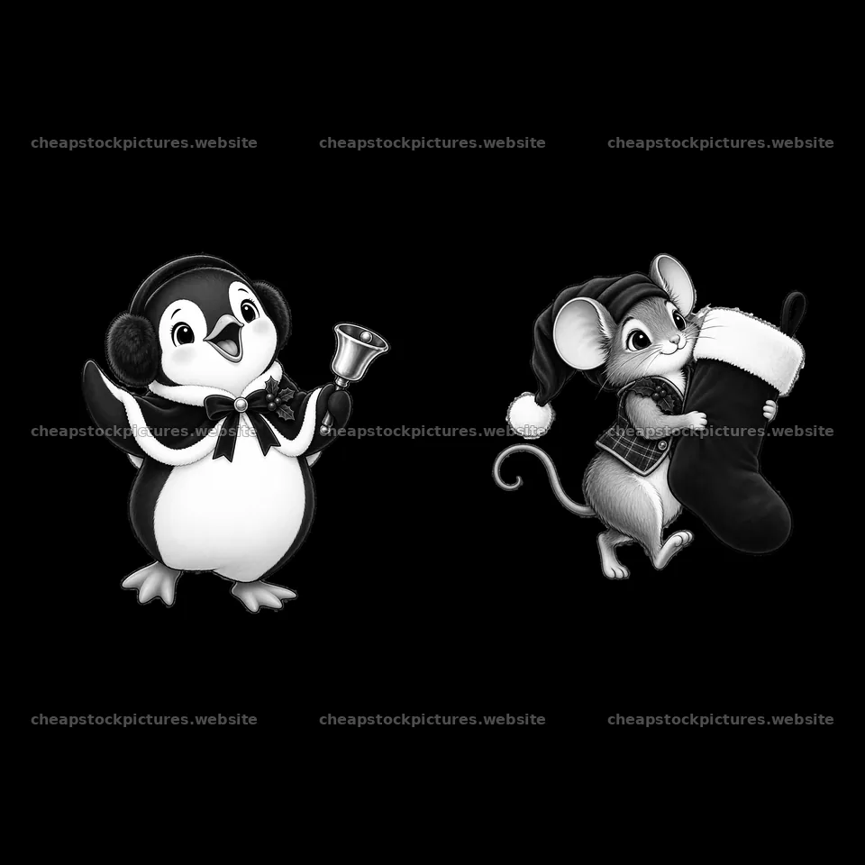 Christmas penguin and mouse with stocking by fireplace – stock pictures 7746x7746