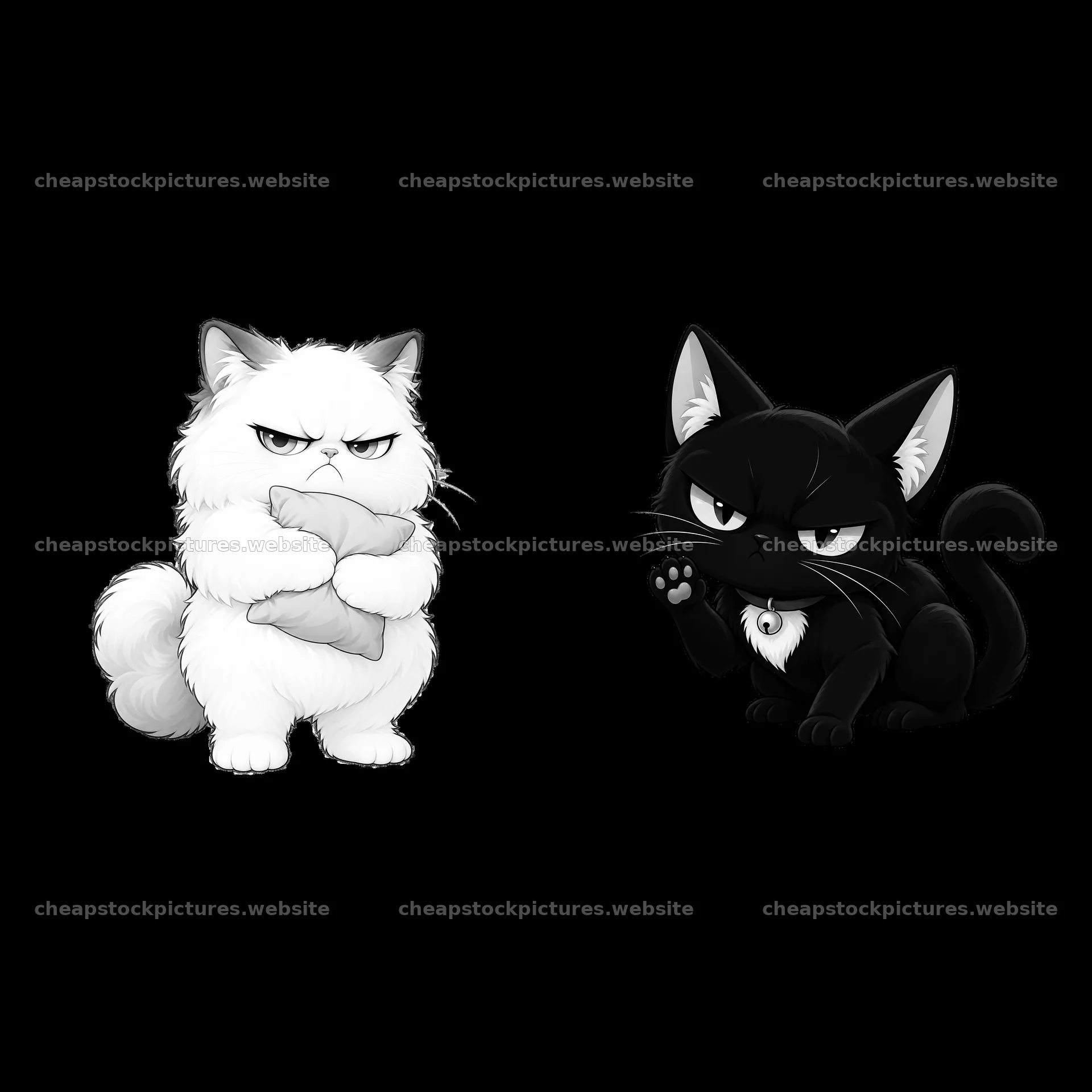 Kawaii grumpy cats in monochrome, one holding a pillow – stock pictures 7746x7746