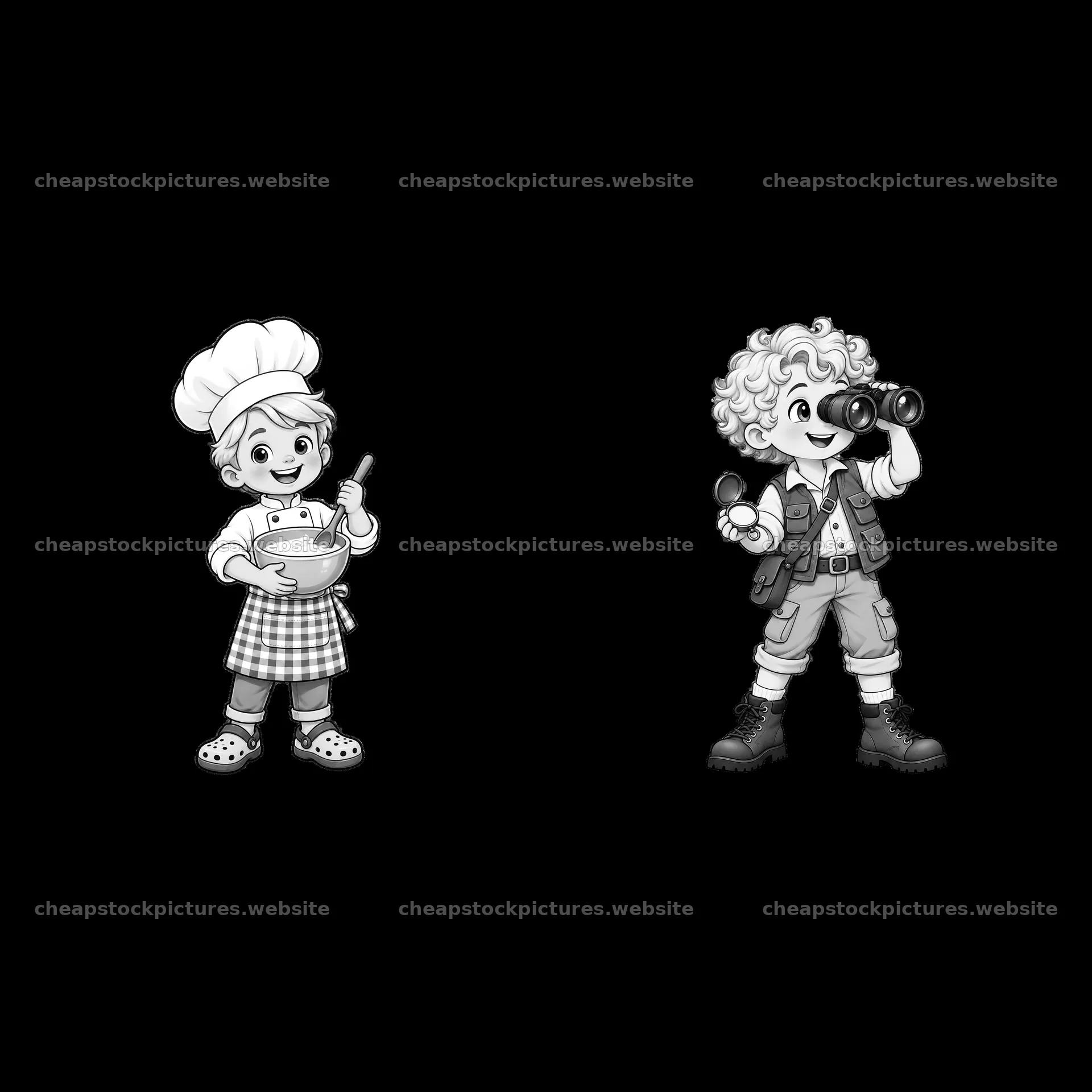 Blond child chef cooking and blond child exploring with binoculars – stock pictures 7746x7746