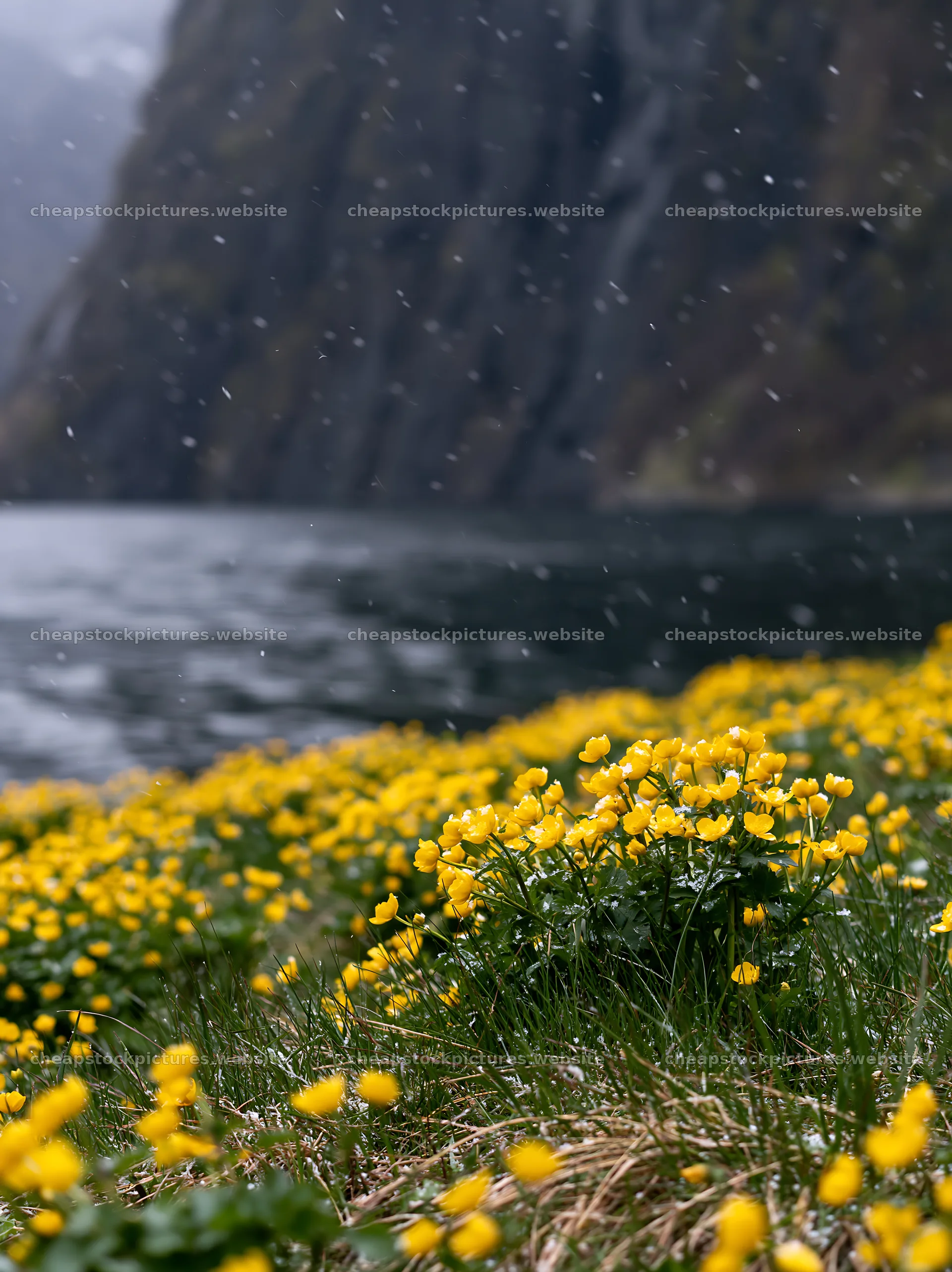 Scenic spring meadow with yellow flowers near a lake – stock pictures 6866x9174