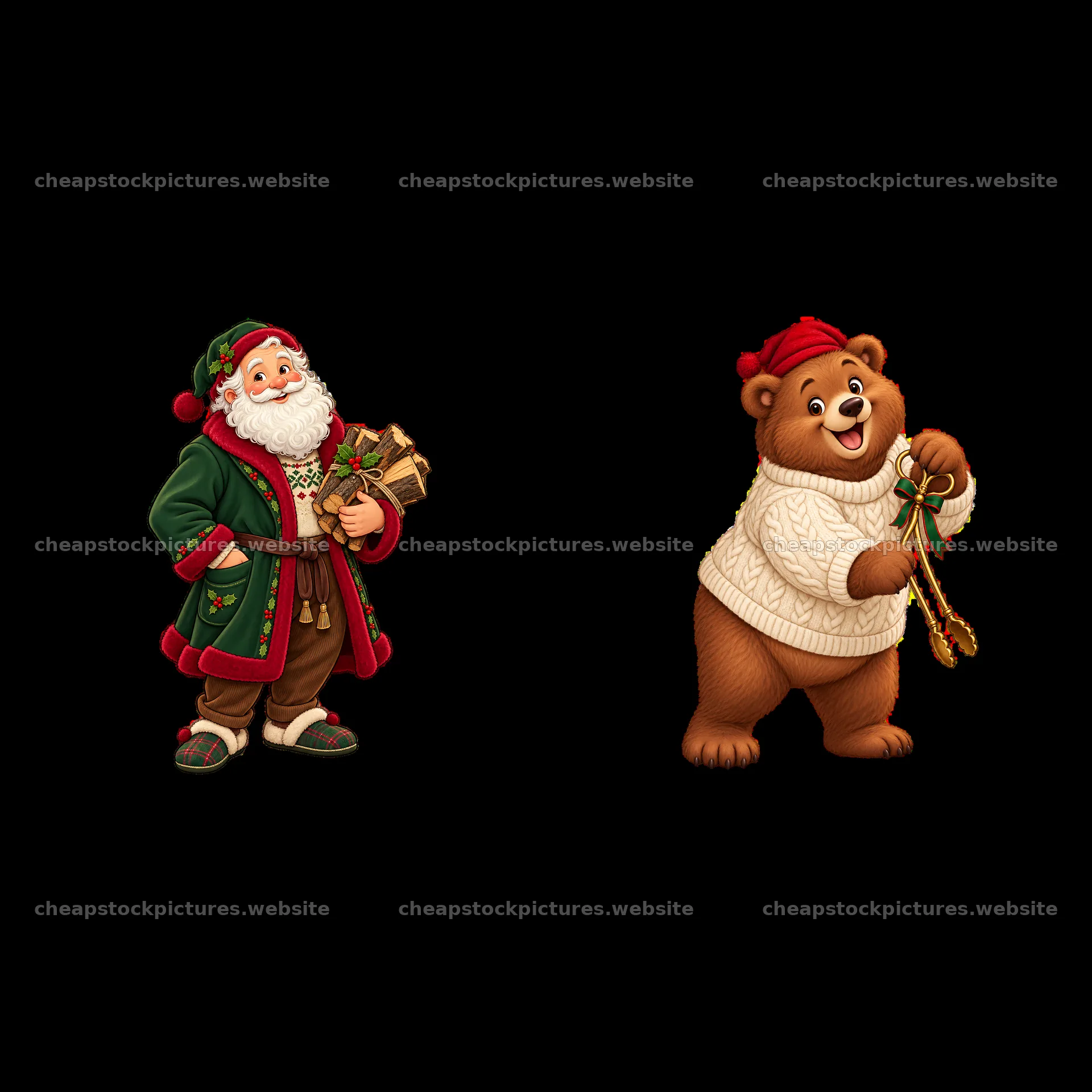 Santa Claus and bear in Christmas attire with gifts and decorations – stock pictures 7746x7746
