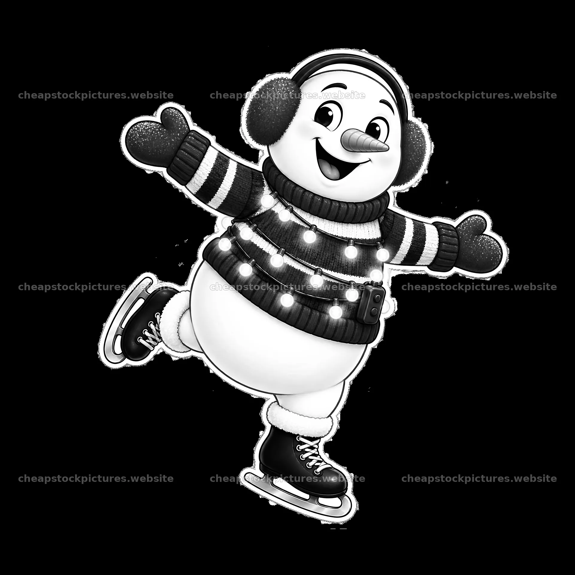 Snowman skating while wearing string lights and headphones – stock pictures 7746x7746