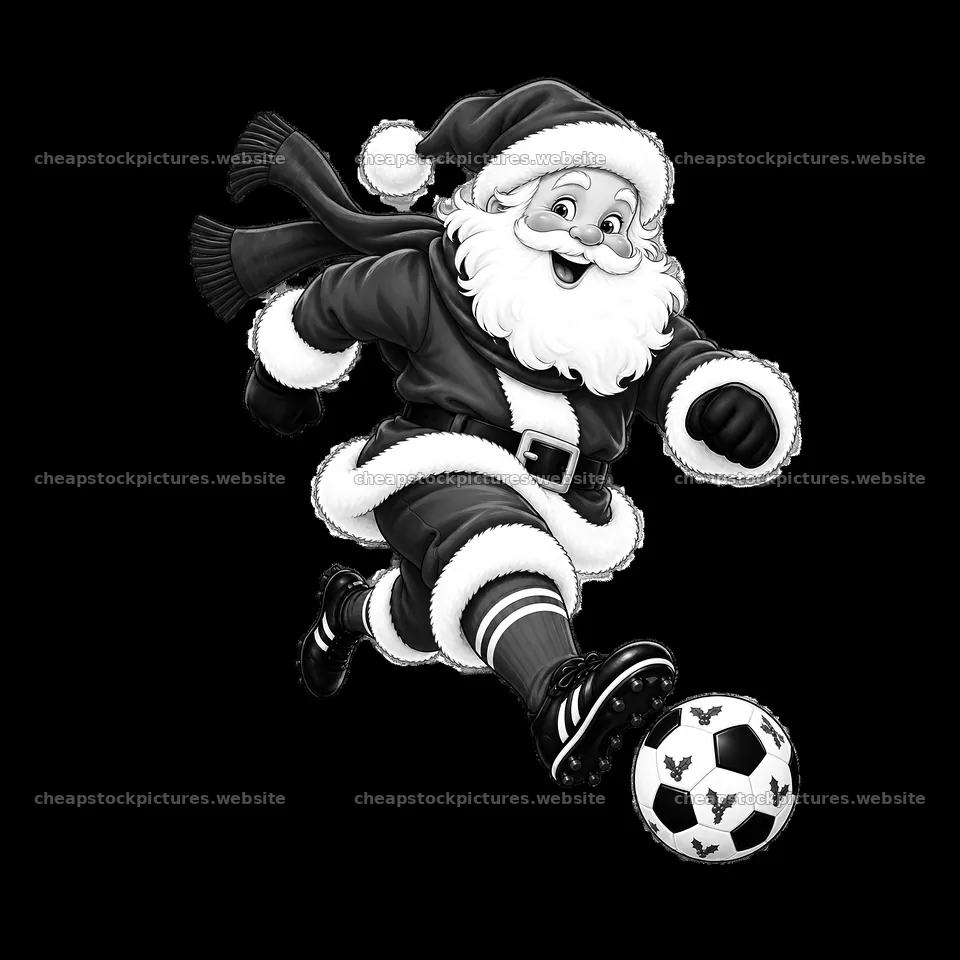 Santa Claus kicking a soccer ball in Christmas attire – stock pictures 7746x7746