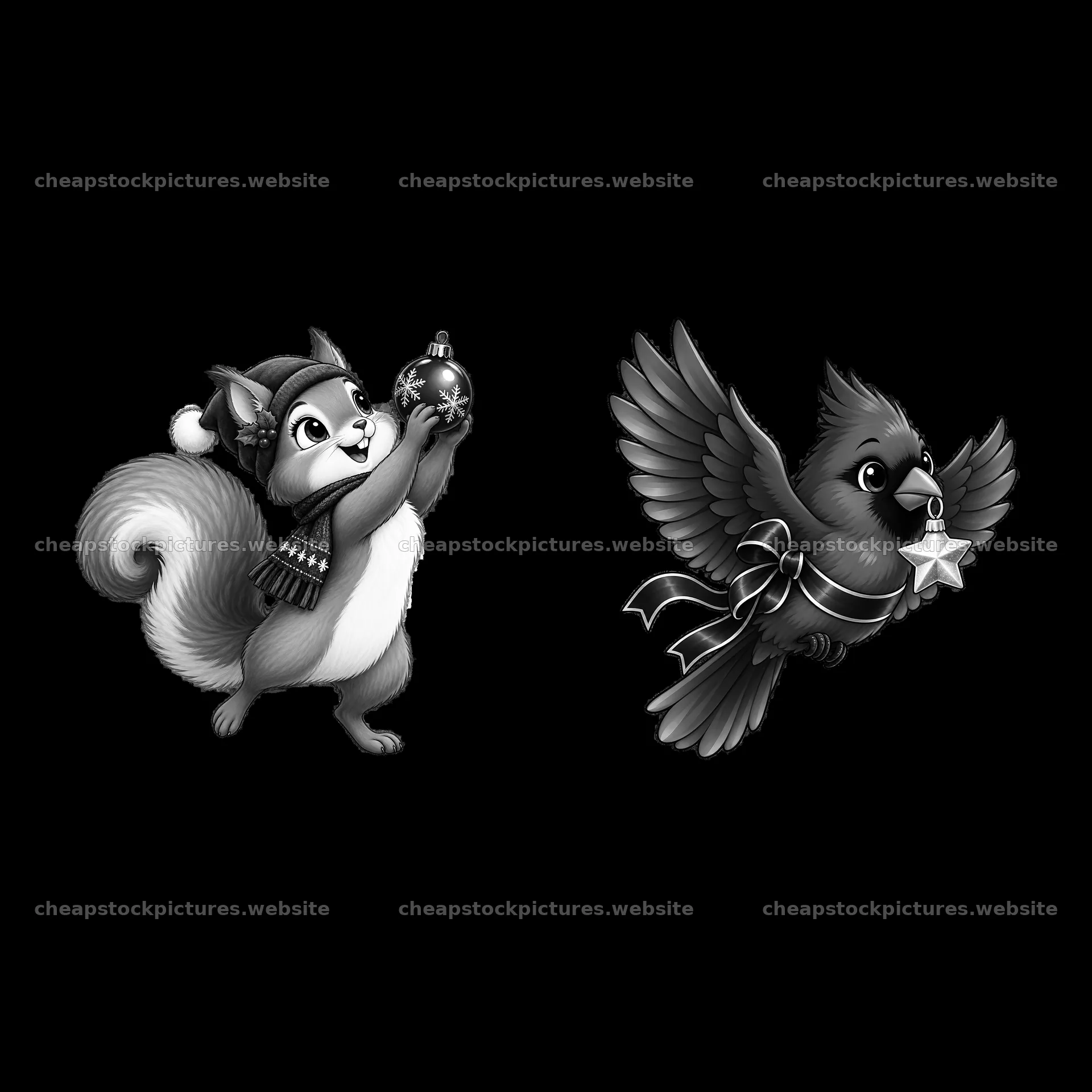 Squirrel and bird with Christmas decorations in black and white – stock pictures 7746x7746